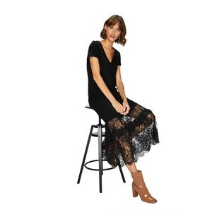 Trussardi Black Maxi Dress with Lace Hem Short Sleeve Elegant Formal